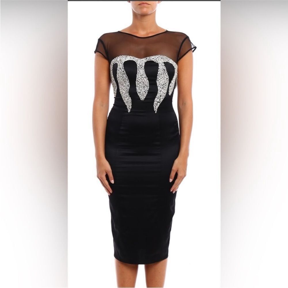 Philipp Plein Black and Silver  crystal embellished silk Midi Dress, M